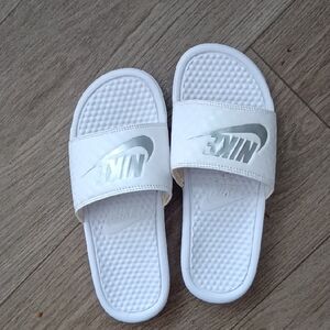 Nike White Slides with Silver Logo